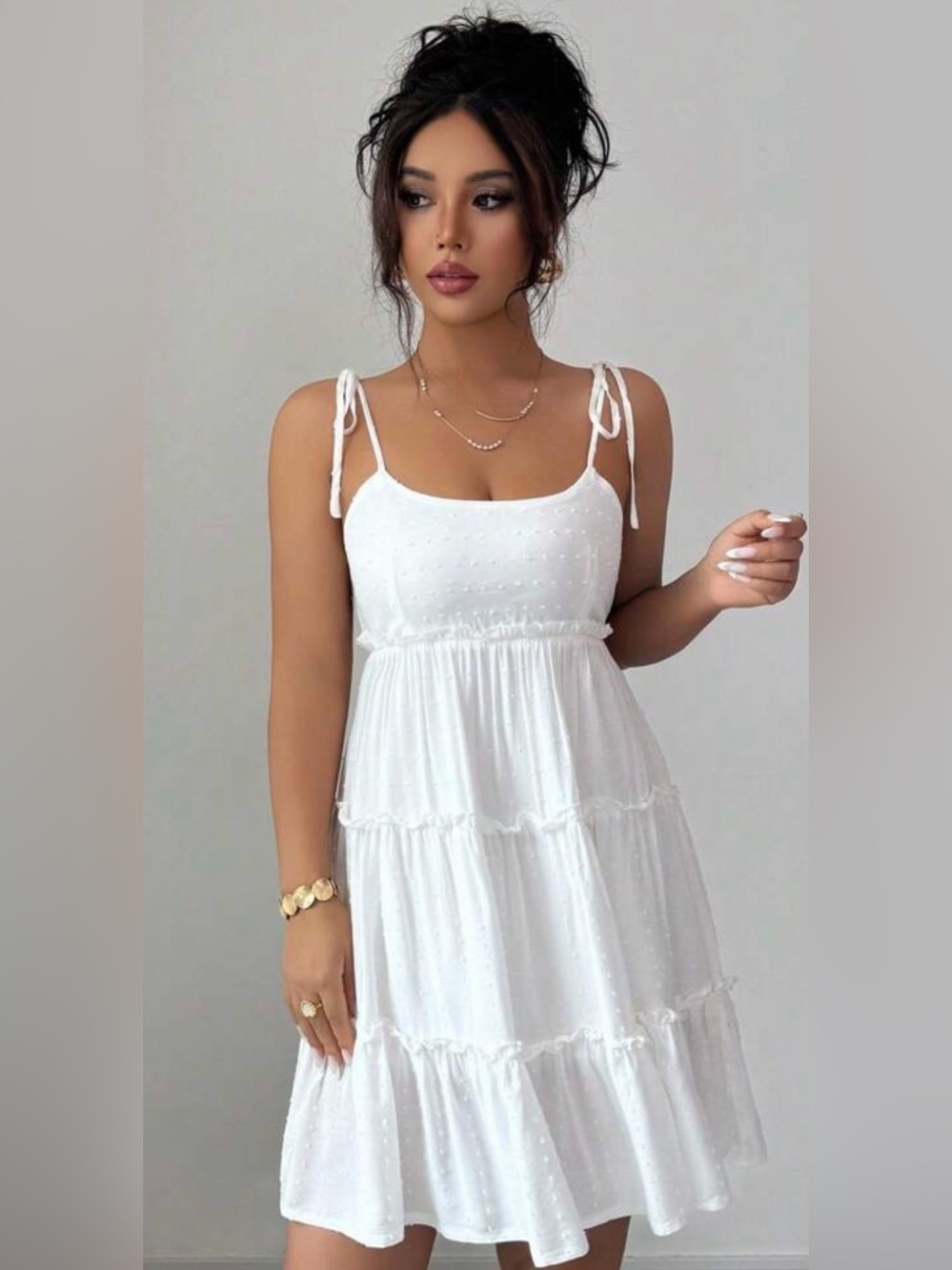 Swiss Dot Frill Trim adjustable strap lined Dress Vacation Beach Outfits Women